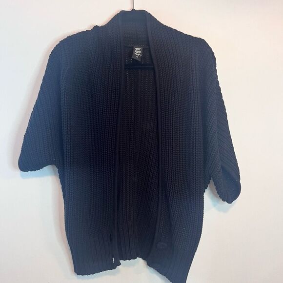 Apostrophe Short Sleeve Black Cotton Blend V Neck Cardigan Sweater - Picture 2 of 7